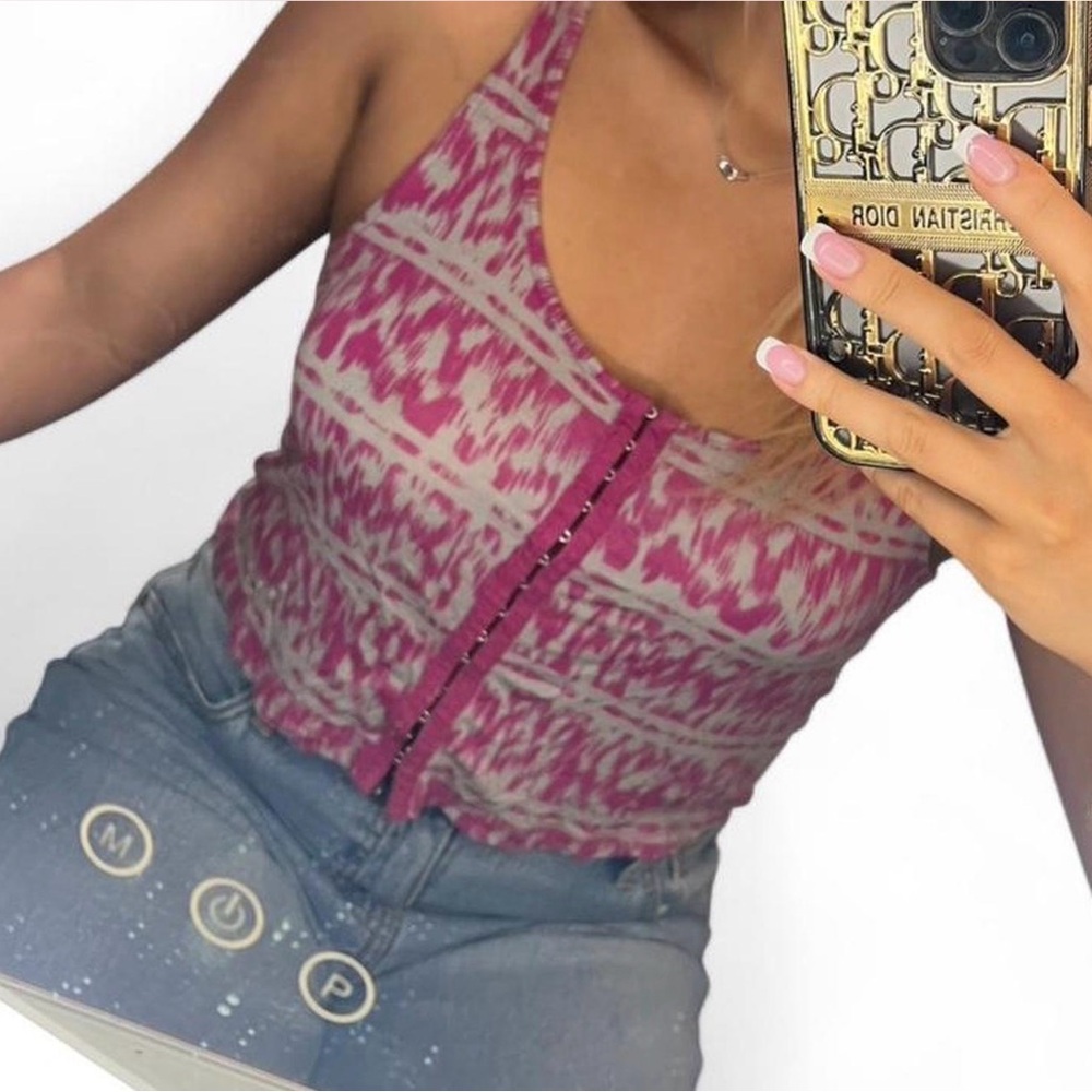 Kirra Pink Patterned Halter Camisole with Front Button Detail